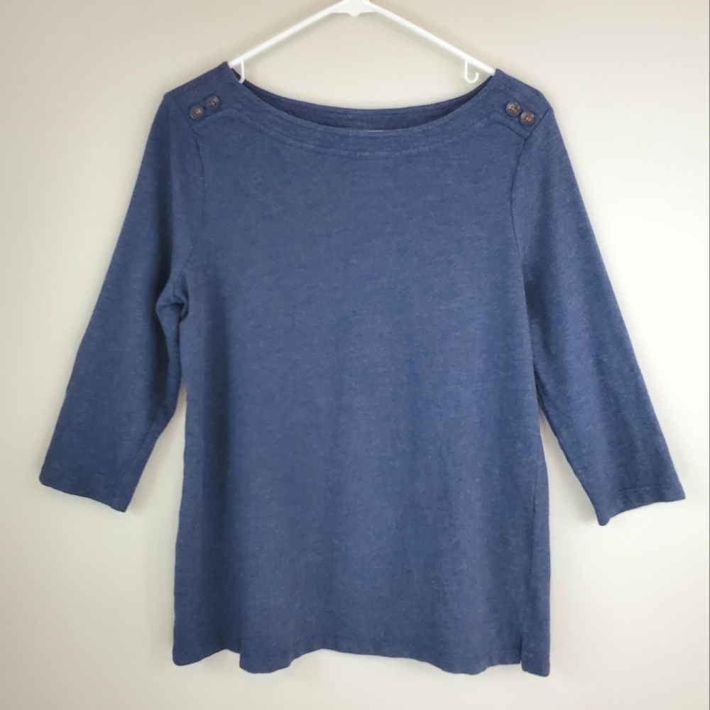 Chico's Size M Blue 3/4 Sleeve Shirt With Shoulder Button Detail